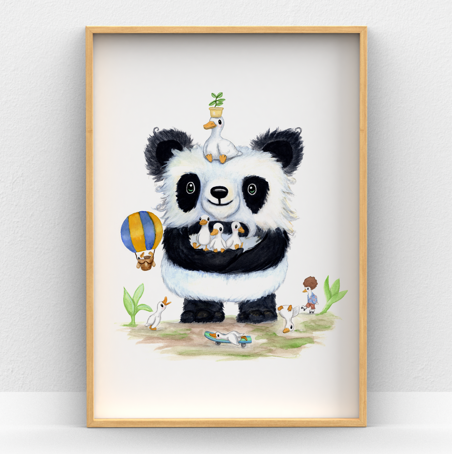 Panda with Many Duck Friends Wall Art Print