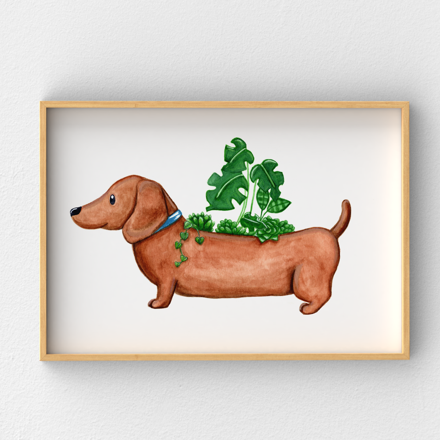 Indoor Plants with Sausage Dog Dachshund Wall Art Print